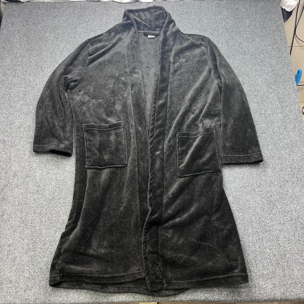 Highland Originals Cozy Plush Fleece Black Open Front Bathrobe Pocketed Robe